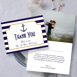 Tarjeta De Agradecimiento Boda náutica de marina y ancla de franja blanca