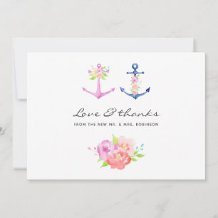 Tarjeta De Agradecimiento Boda náutica floral acuarela