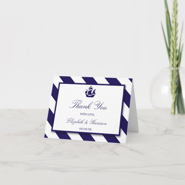 Tarjeta De Agradecimiento Boda Nautical Stripes & Navy Blue Ship (Anverso)