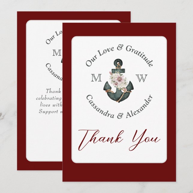 Tarjeta De Agradecimiento Boda Náutico Ancla Floral Maroon Rust Red (Anverso / Reverso)