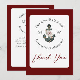 Tarjeta De Agradecimiento Boda Náutico Ancla Floral Maroon Rust Red