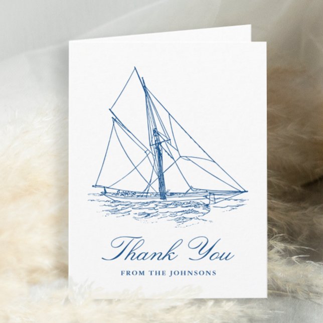 Tarjeta De Agradecimiento Boda Náutico Azul de la Armada Naval (Personalized Sailboat Thank You card for a Navy Blue Elegant Nautical Wedding by Concertina Press)