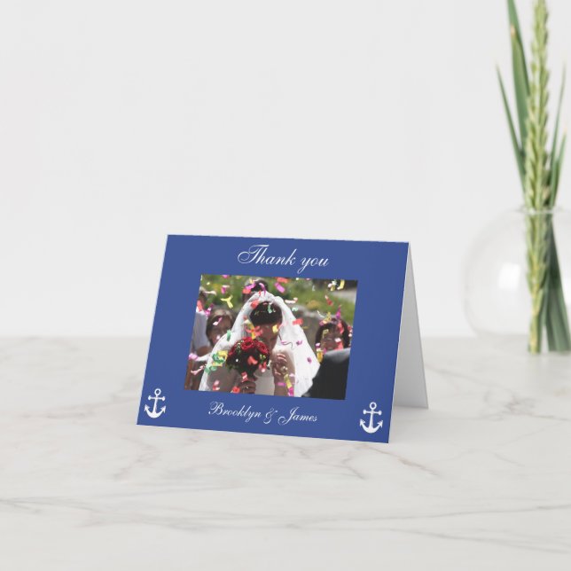 Tarjeta De Agradecimiento Boda Náutico Azul Gracias Cartas Con Imagen (Anverso)