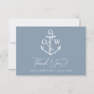 Tarjeta De Agradecimiento Boda Náutico del Ancla de Monograma Azul Dusty