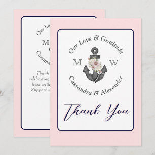 Tarjeta De Agradecimiento Boda náutico Ejército de Ancla Floral Azul y Rosa