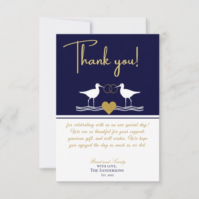 Tarjeta De Agradecimiento Boda náutico  marrón de oro azul (Anverso)