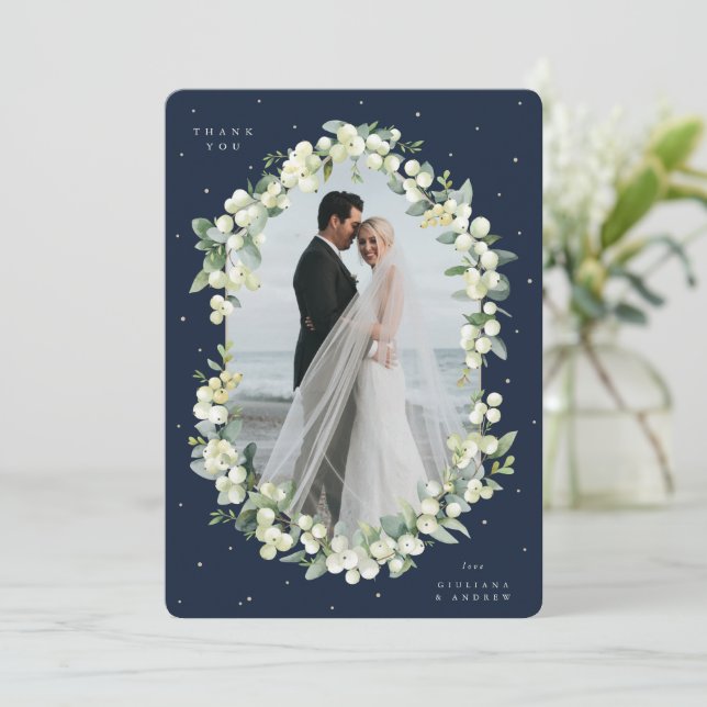 Tarjeta De Agradecimiento Boda Naval Snowberry+Eucalyptus foto plana (Anverso de pie)