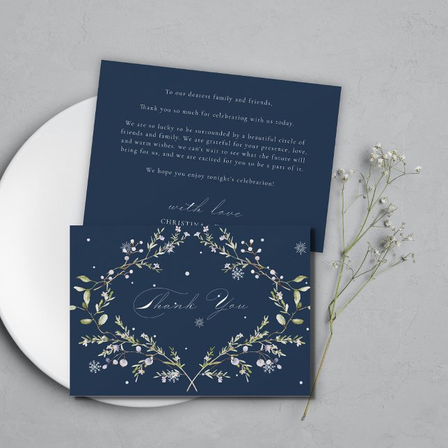 Tarjeta De Agradecimiento Boda Navy Blue Elegant Winter Wildflowers (Subido por el creador)