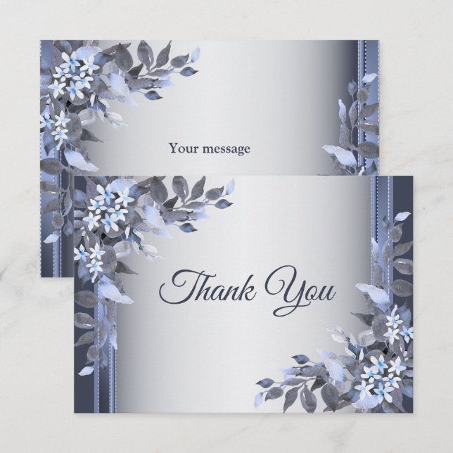 Tarjeta De Agradecimiento Boda Navy Blue Floral Silver Elegante (Anverso / Reverso)