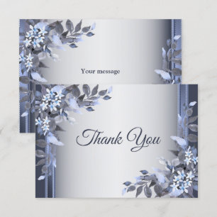 Tarjeta De Agradecimiento Boda Navy Blue Floral Silver Elegante