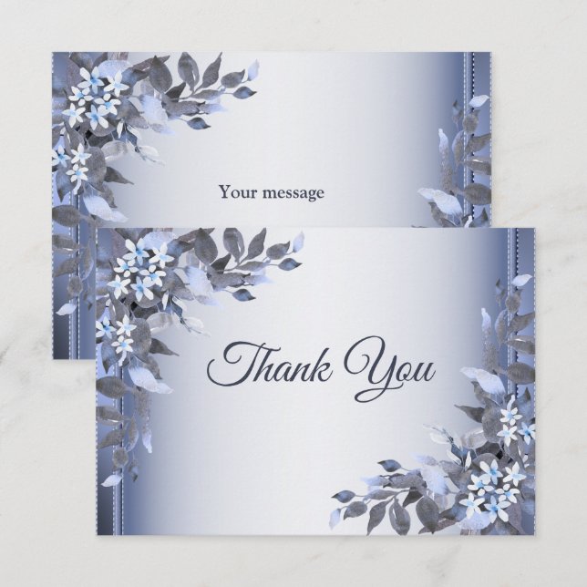 Tarjeta De Agradecimiento Boda Navy Blue Floral Silver Elegante (Anverso / Reverso)