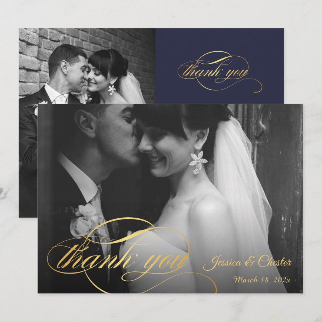 Tarjeta De Agradecimiento Boda Navy Blue & Gold Script - Gracias (Anverso / Reverso)