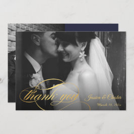 Tarjeta De Agradecimiento Boda Navy Blue & Gold Script - Gracias