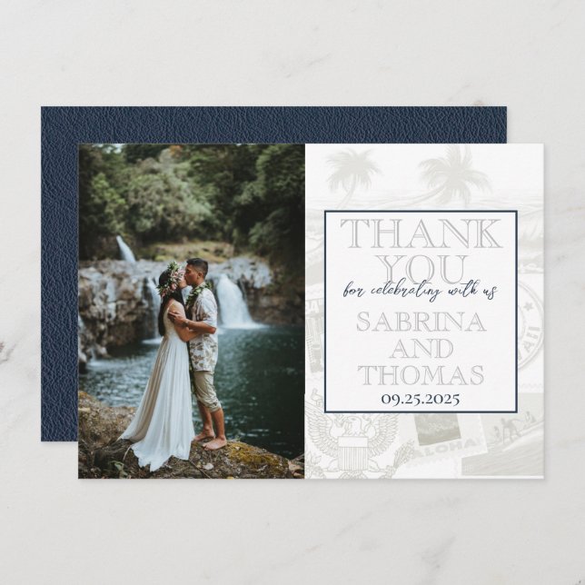 Tarjeta De Agradecimiento Boda Navy Blue Hawaii - Gracias (Anverso / Reverso)