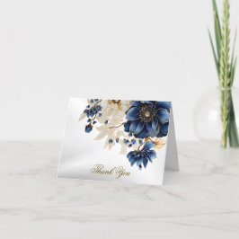 Tarjeta De Agradecimiento Boda Navy Blue White Golden Floral Silver
