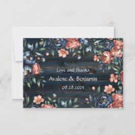 Tarjeta De Agradecimiento Boda Navy Blue y Copper Peony Bouquet Wood