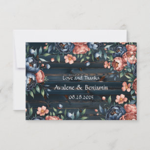 Tarjeta De Agradecimiento Boda Navy Blue y Copper Peony Bouquet Wood