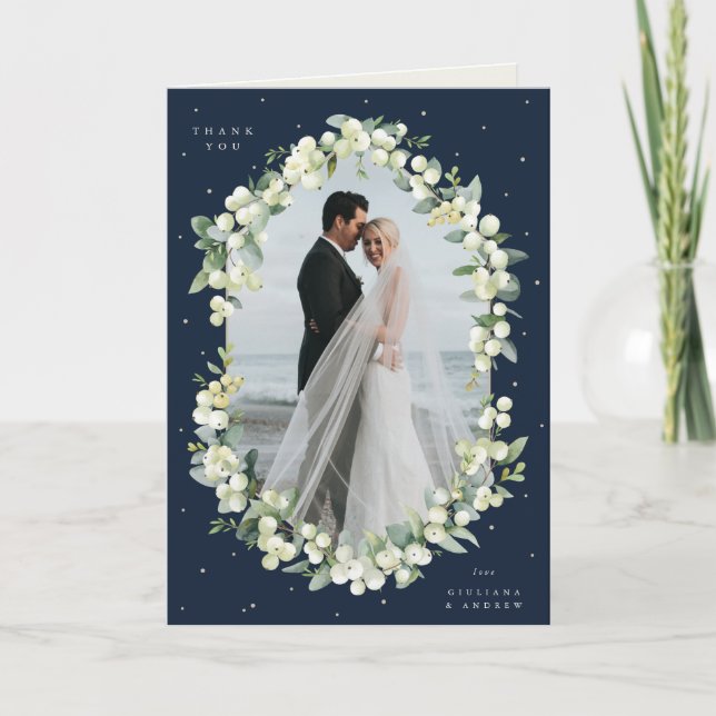 Tarjeta De Agradecimiento Boda Navy Snowberry+Eucalyptus foto doblada (Anverso)