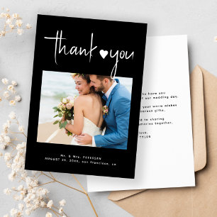 Tarjeta De Agradecimiento boda negro de escritura minimalista fotográfica mo