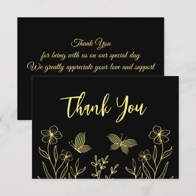 Tarjeta De Agradecimiento Boda negro de flor dorada simple (Anverso / Reverso)