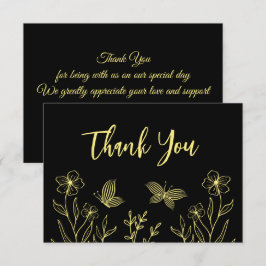 Tarjeta De Agradecimiento Boda negro de flor dorada simple
