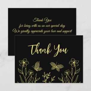 Tarjeta De Agradecimiento Boda negro de flor dorada simple