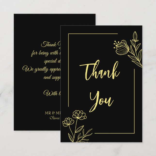 Tarjeta De Agradecimiento Boda negro de flor dorada simple (Anverso / Reverso)