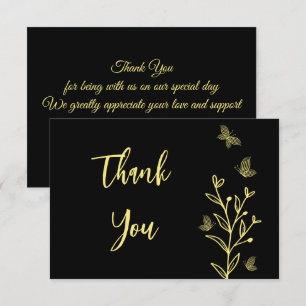 Tarjeta De Agradecimiento Boda negro de flor dorada simple