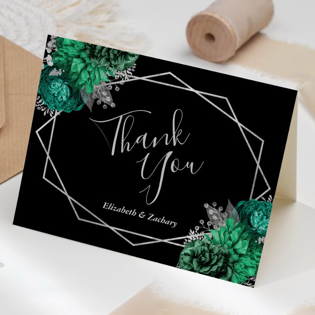 Tarjeta De Agradecimiento Boda negro de floral verde esmeralda (Subido por el creador)