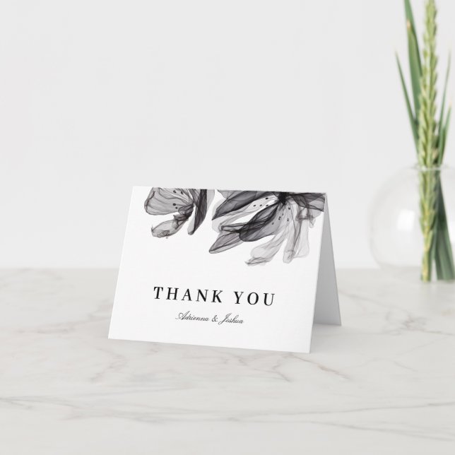 Tarjeta De Agradecimiento Boda negro elegante con flores humeantes (Anverso)