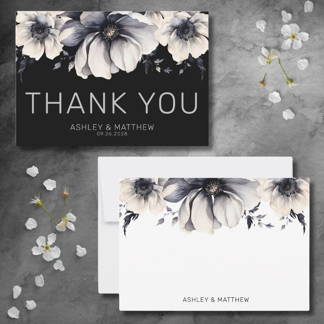 Tarjeta De Agradecimiento Boda negro floral elegante y moderno (Modern Elegant Floral Black Wedding Thank You Card)