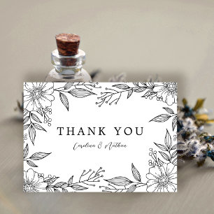 Tarjeta De Agradecimiento Boda negro floral simple y elegante