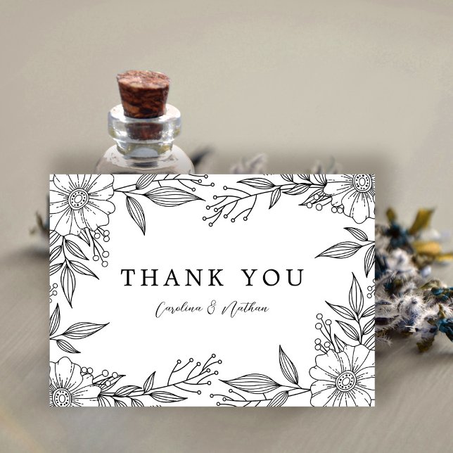Tarjeta De Agradecimiento Boda negro floral simple y elegante (Subido por el creador)