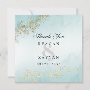 Tarjeta De Agradecimiento Boda Niebla Teal Modern Luxe Flecks Dorados