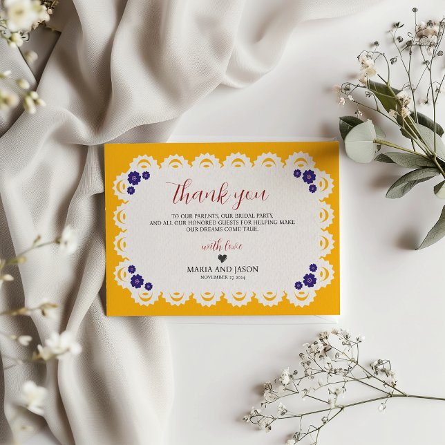 Tarjeta De Agradecimiento Boda Nuestra Boda (Mexican Papel Picado Yellow Nuestra Boda Wedding Thank You Card)