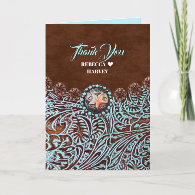 Tarjeta De Agradecimiento boda occidental de país marrón turquesa gracias (Anverso)