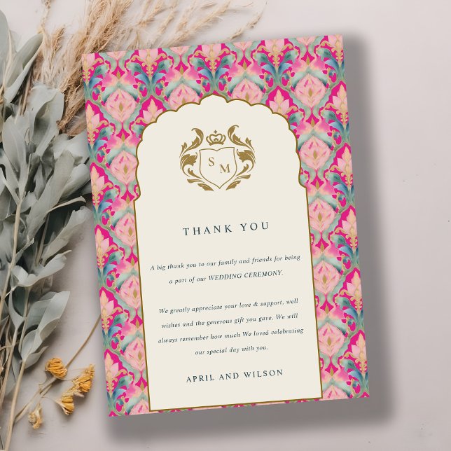 Tarjeta De Agradecimiento Boda Ornate Hot Pink Gold Classy Floral Laurel (Subido por el creador)