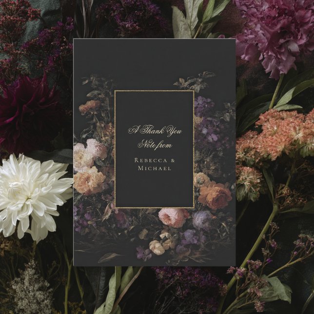 Tarjeta De Agradecimiento Boda oscuro de flores románticas negras elegantes (Subido por el creador)