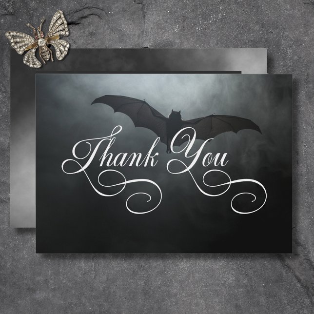 Tarjeta De Agradecimiento Boda Oscuro Moody Midnight Bat & Fog (Dark Moody Midnight Bat & Fog Wedding Thank You Card)