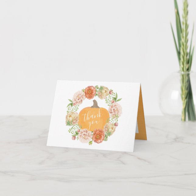 Tarjeta De Agradecimiento Boda Otoñal Floral de Calabaza Enamorarse Ducha Nu (Anverso)