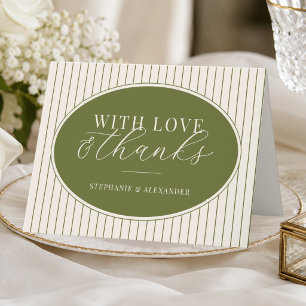 Tarjeta De Agradecimiento Boda Oval de Rayas Verde Oliva y Marfil Old Money
