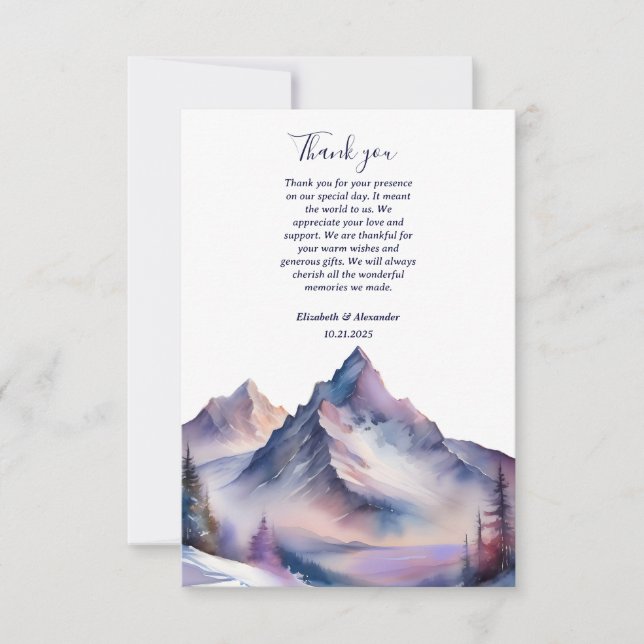 Tarjeta De Agradecimiento Boda paisajístico de montañas cubiertas de nieve (Anverso)