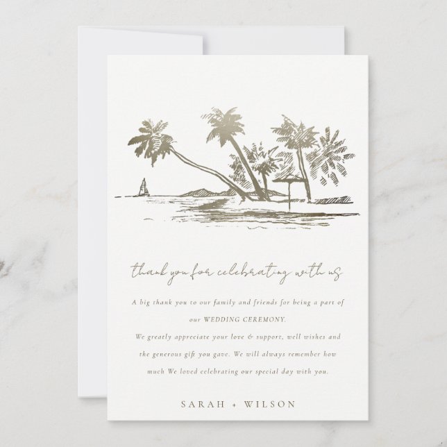 Tarjeta De Agradecimiento Boda Palm Tree Sketch Pale Gold (Anverso)