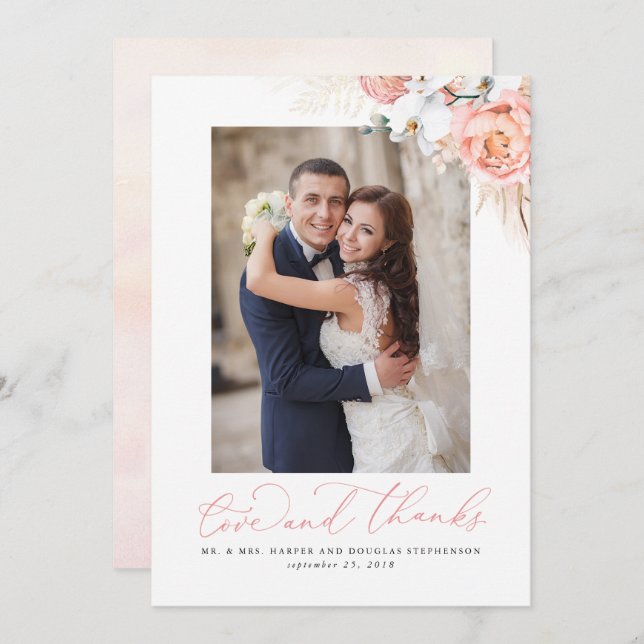 Tarjeta De Agradecimiento Boda Pampas Grass Pink Floral Gracias (Anverso / Reverso)