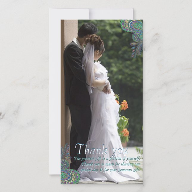 Tarjeta De Agradecimiento Boda Peacock Paisley Gracias Cartas De Fotografía (Anverso)