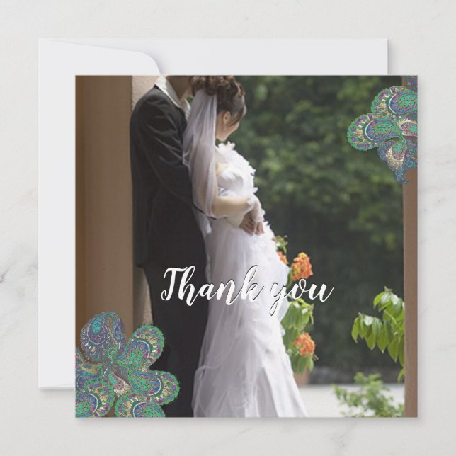 Tarjeta De Agradecimiento Boda Peacock Paisley Gracias Cartas De Fotografía (Anverso)