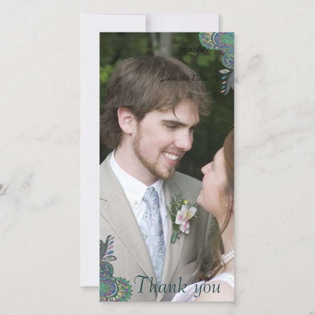 Tarjeta De Agradecimiento Boda Peacock Paisley Gracias Cartas De Fotografía (Anverso)