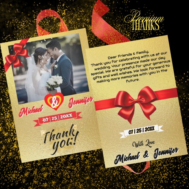 Tarjeta De Agradecimiento Boda personalizada con cinta roja y dorada elegant (Subido por el creador)