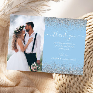 Tarjeta De Agradecimiento Boda personalizada con foto, azul bebé y brillo pl