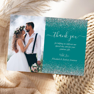 Tarjeta De Agradecimiento Boda personalizada con foto azul teal plata brillo